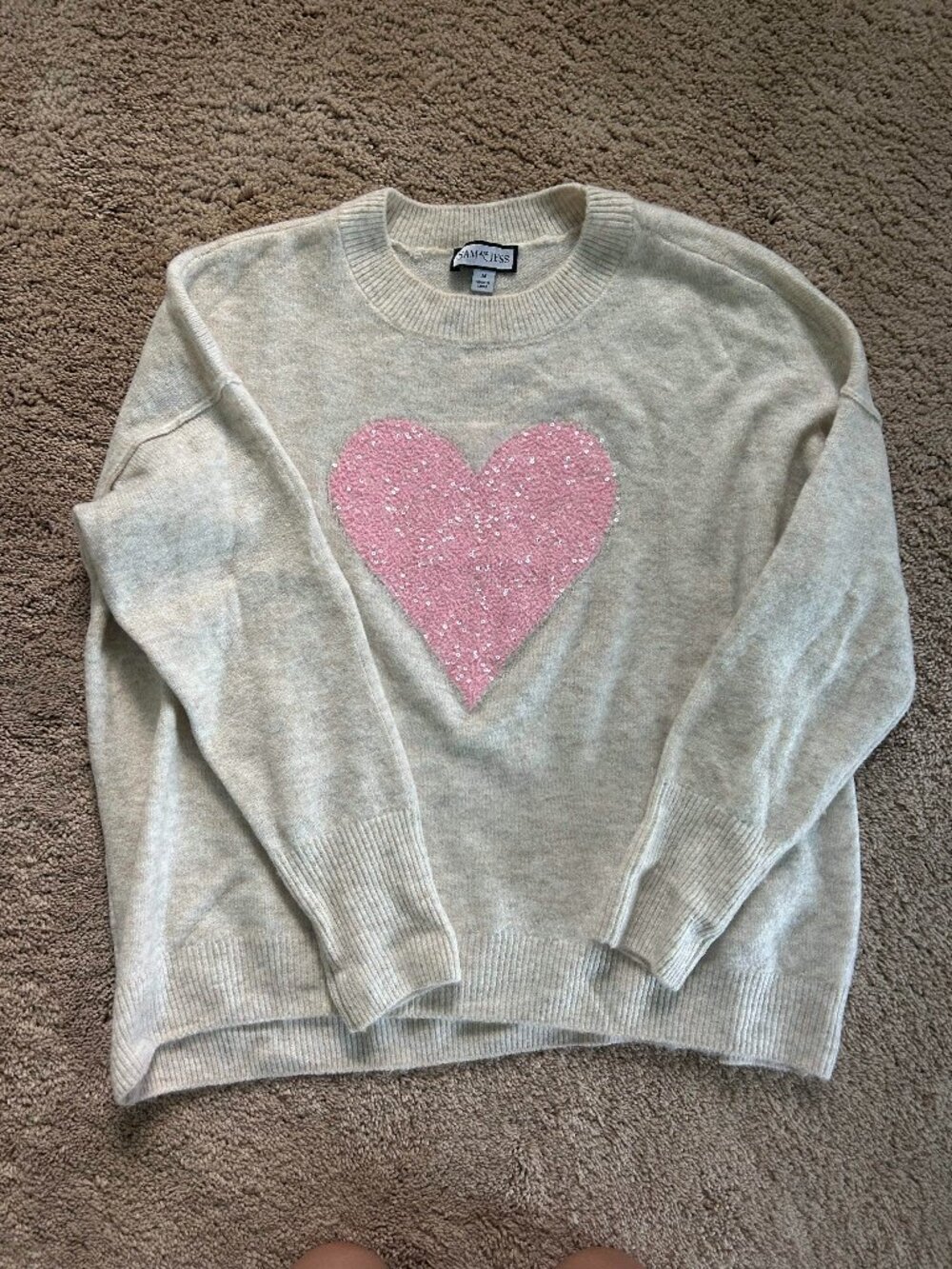 Sam and Jess Cream Crew Neck Sweater with Pink Sparkly Heart Design
